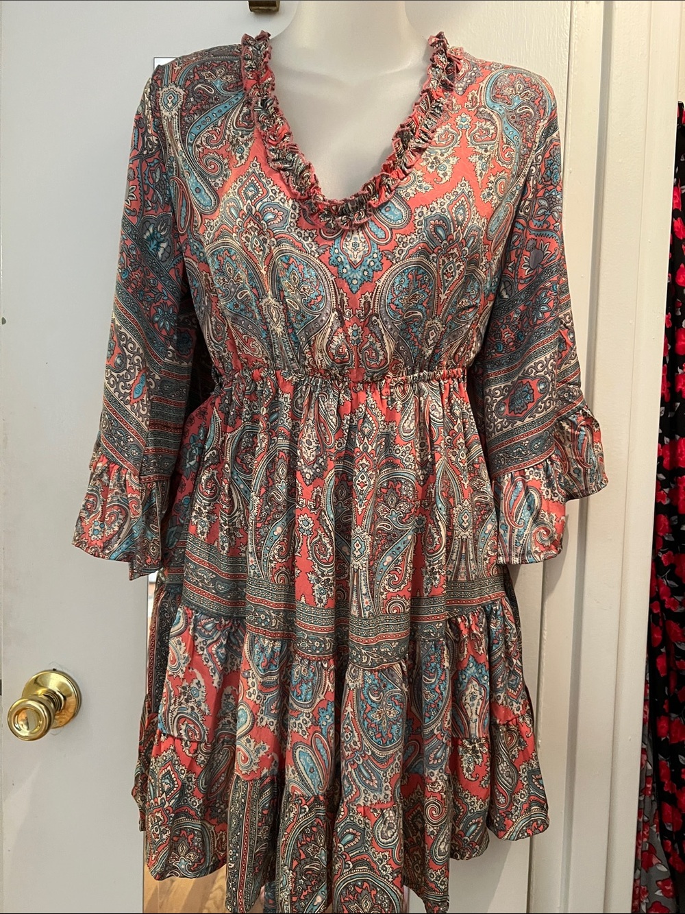 Paisley Tiered Mini Dress in Coral and Teal